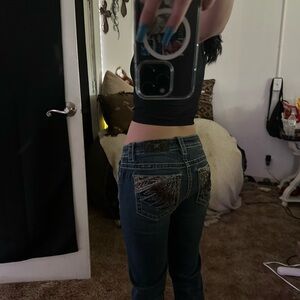 Miss Me Dark Blue Boot Cut Jeans with Embellished Pockets